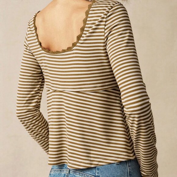 Multicolor Casual Women's Striped square Neck Long Sleeve Fitted T-Shirt - Picture 2 of 8